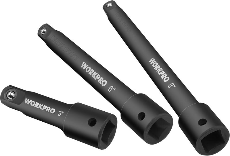 WORKPRO 1/2" Drive Impact Extension Bar Set, 3 PCS Socket Extensions, 3”, 6” and 8” Length, Premium Chrome Vanadium Steel with Black Phosphate Finish - Image 1
